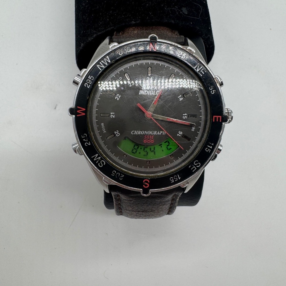 Timex Indiglo Chronograph Watch Mens Brown Leather Strap Analog Digital 50M F8